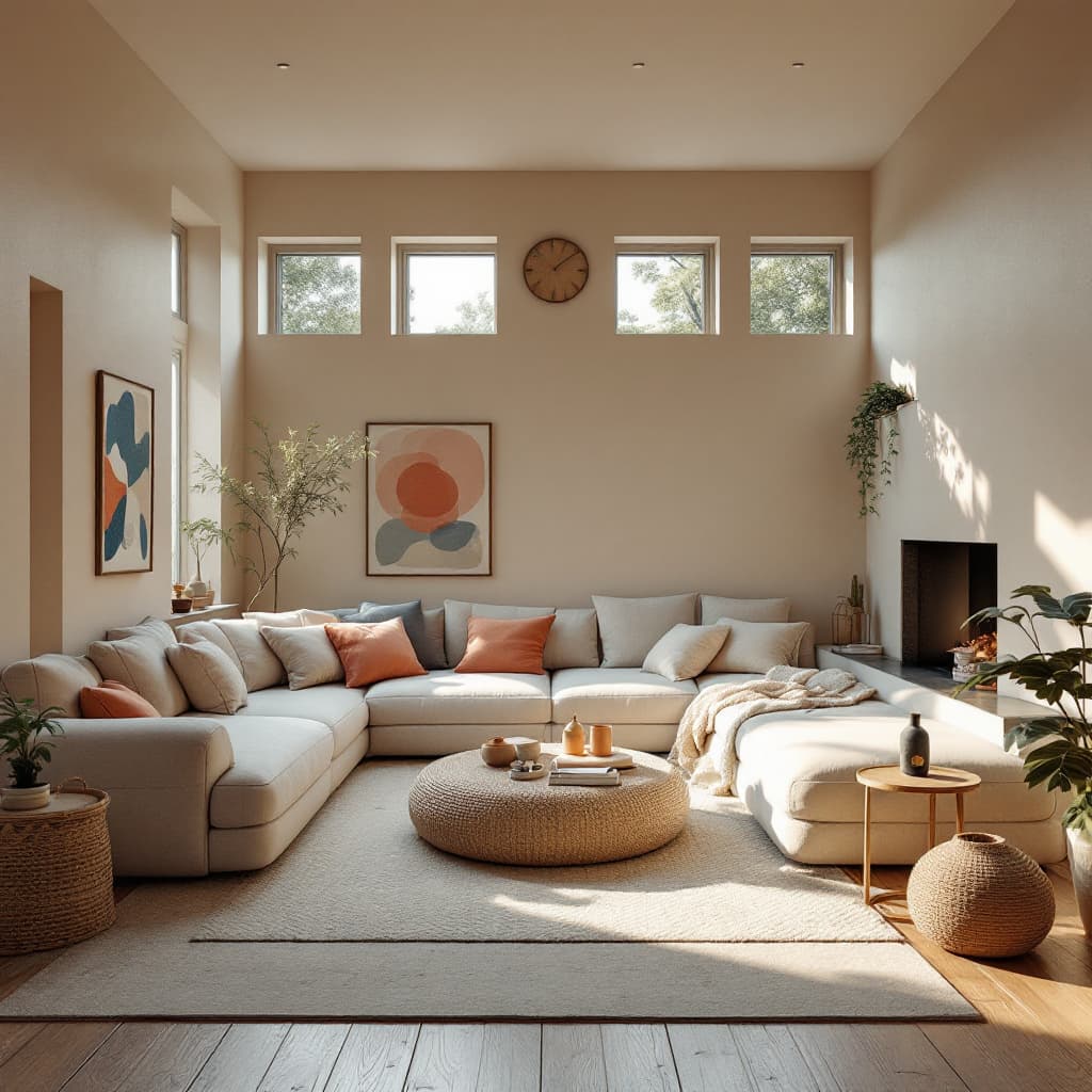 AI generated: High resolution photography interior design, dreamy sunken living room conversation pit, wooden floo...
