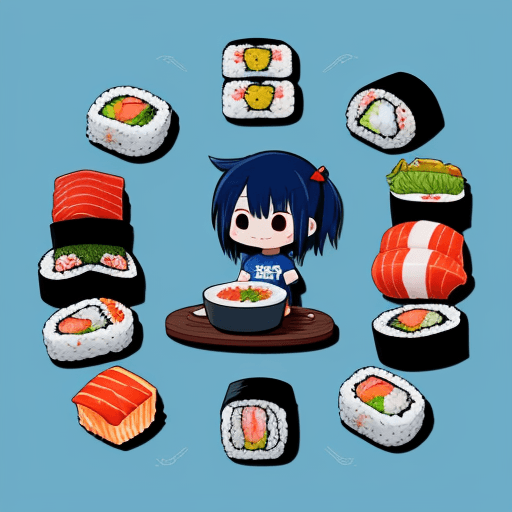 AI generated: Food-themed sushi T-shirt vector, manga style, colored by Dustin Nguyen, delicious, high-grade, clea...