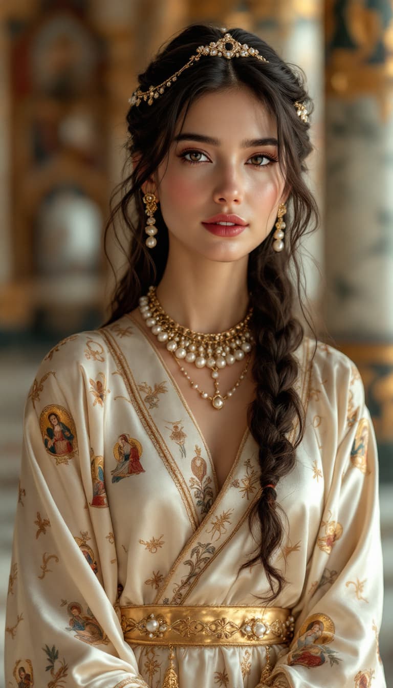 AI generated: A photo of a 20-year-old Byzantine empress looking like Gemma Chan, super exposing a silk tunic with...