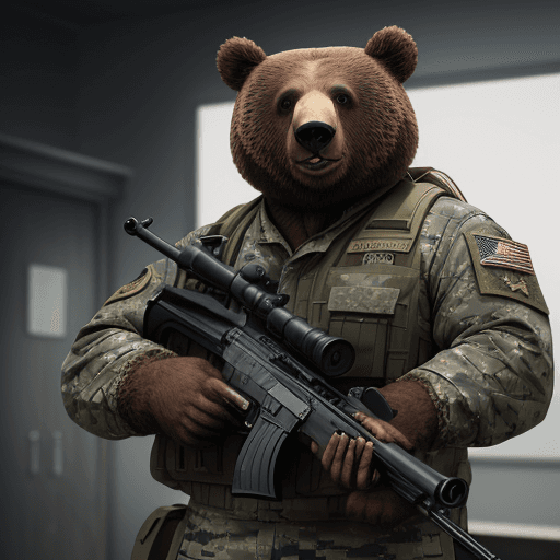 AI generated: Courageous greazly bear in full heart military uniform, holding a shotgun, anthropomorphic, super de...