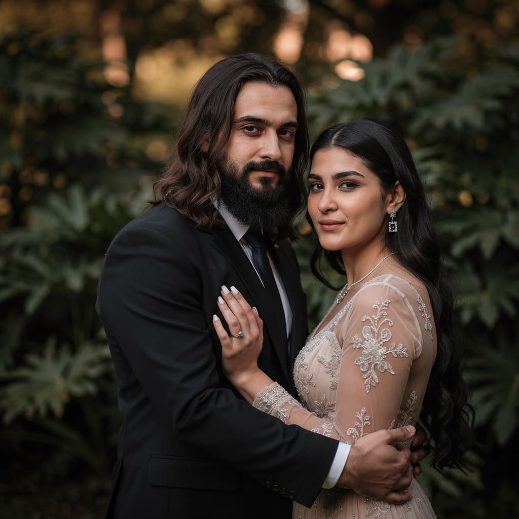 AI generated: A couple stands closely together in an intimate pose, surrounded by natural greenery. The man has a ...