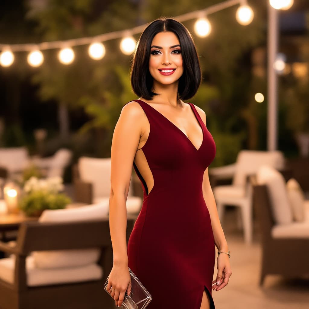 AI generated: A woman stands confidently outdoors at night with short straight black hair, wearing a fitted sleeve...