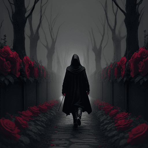AI generated: a dark hooded figure in a dark dystopian land is walking with roses in his hand by his side.  