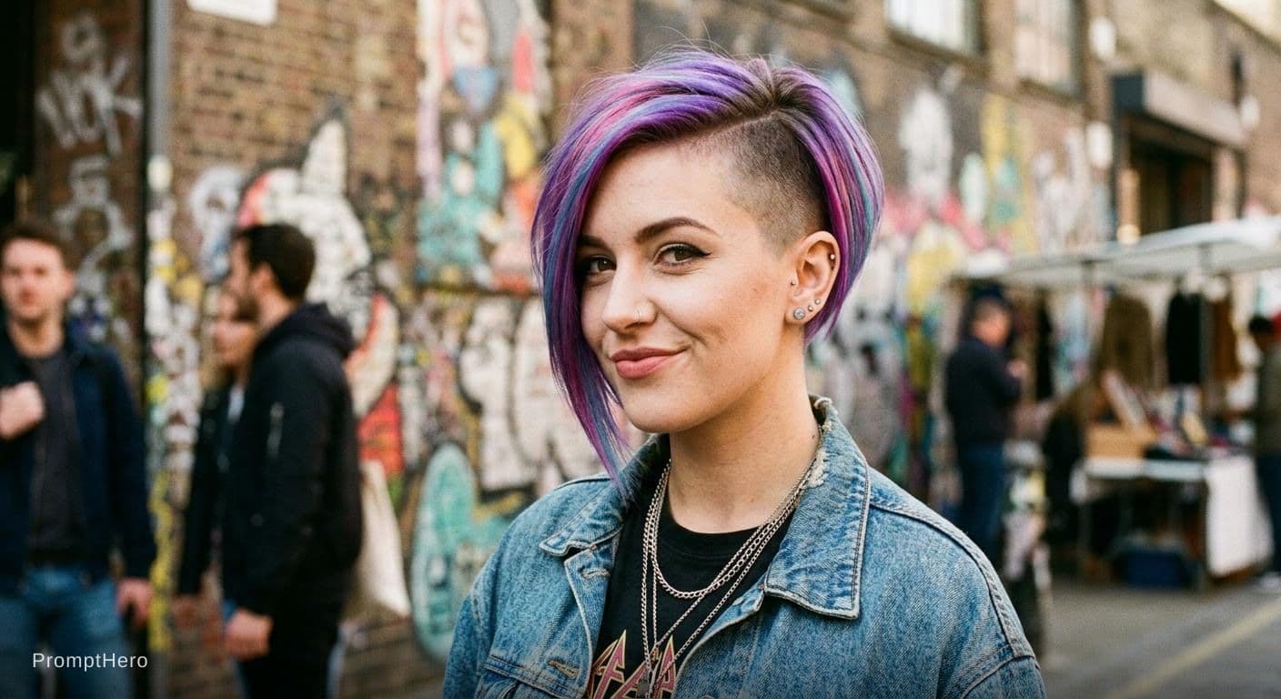 AI generated: young woman with a short asymmetric pixie bob her left side clippered to a short soft pelt, her righ...