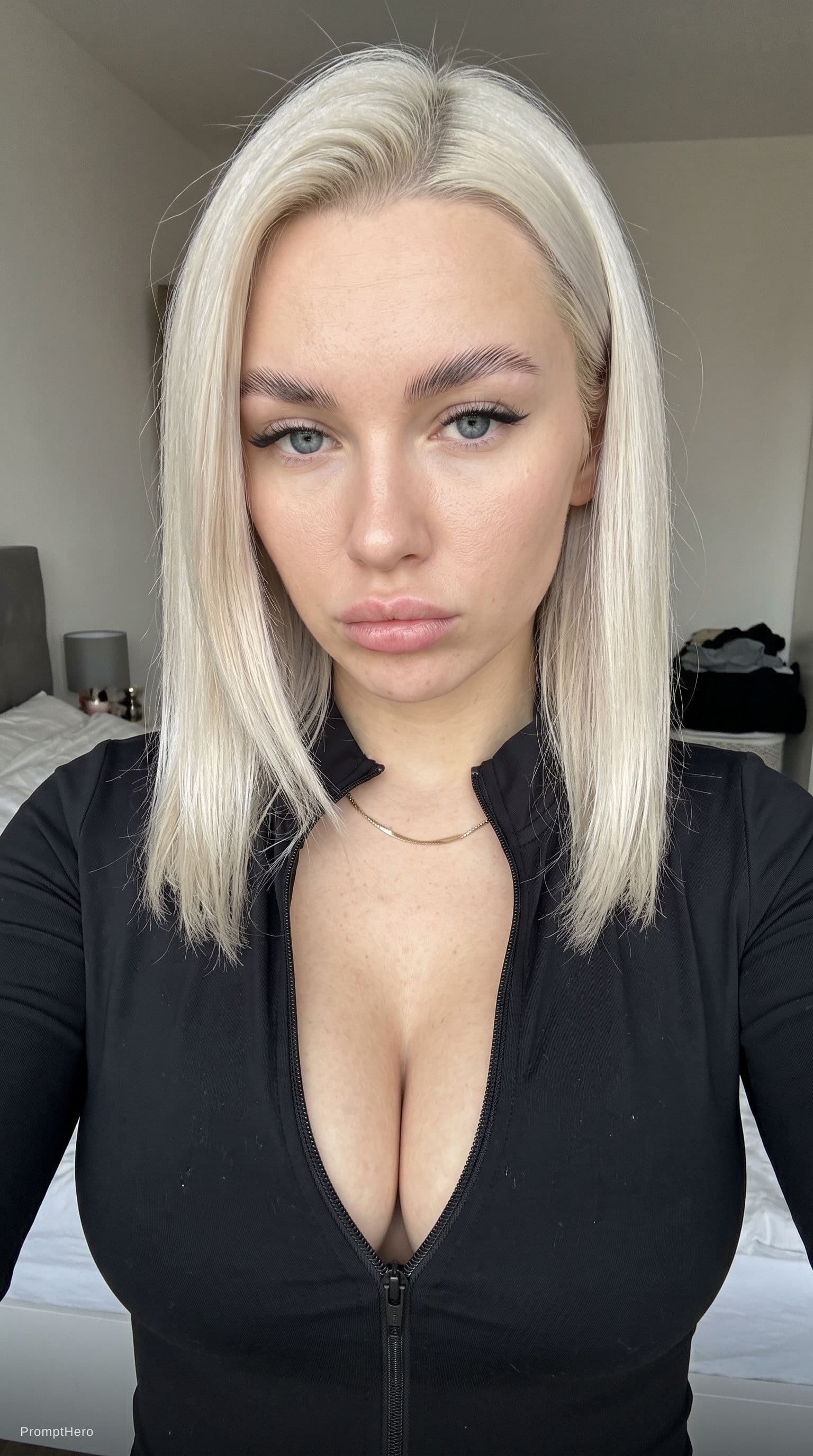 AI generated: Candid iPhone front camera selfie of a young adult European-looking woman indoors.
Arm’s-length self...
