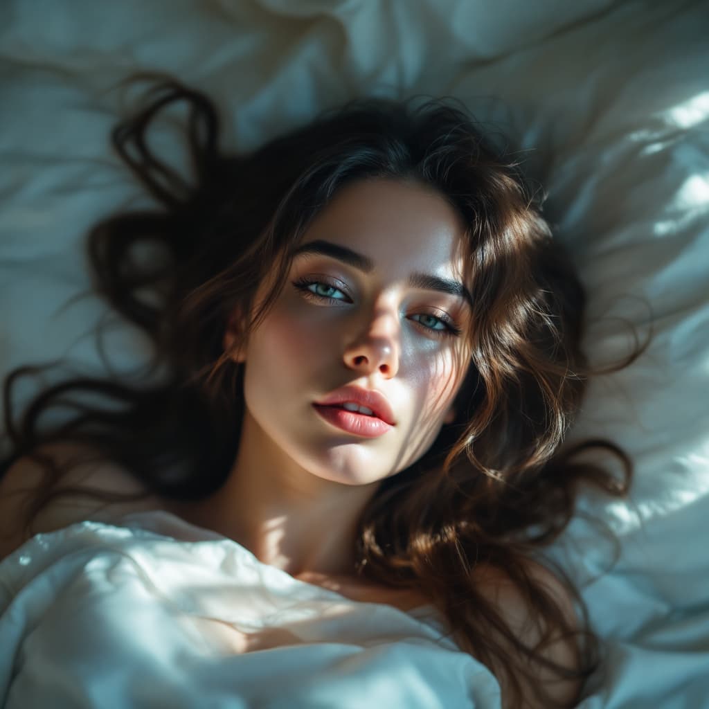 AI generated: a woman with long hair laying in bed, in the style of yigal ozeri, anamorphic lens flare, bella kota...