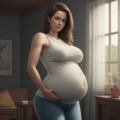 AI generated: healthy pregnant woman wearing a short top and jeans, standing, holding belly, beautiful pregnant wo...