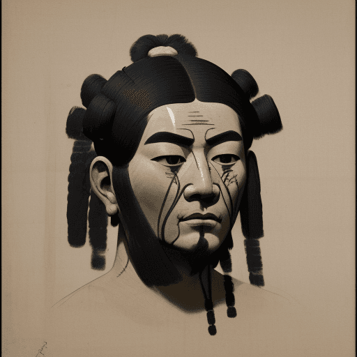 AI generated: Face from ancient Kushite civilization, black brush painting from China, in the manner of Kazuki Tak...