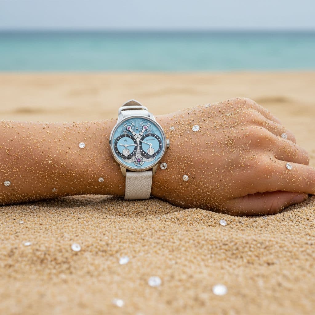 AI generated: die uhr ist an einem femininen Handgelenk. liegt im sand, ein paar sandkörner sind auf hand und arm....