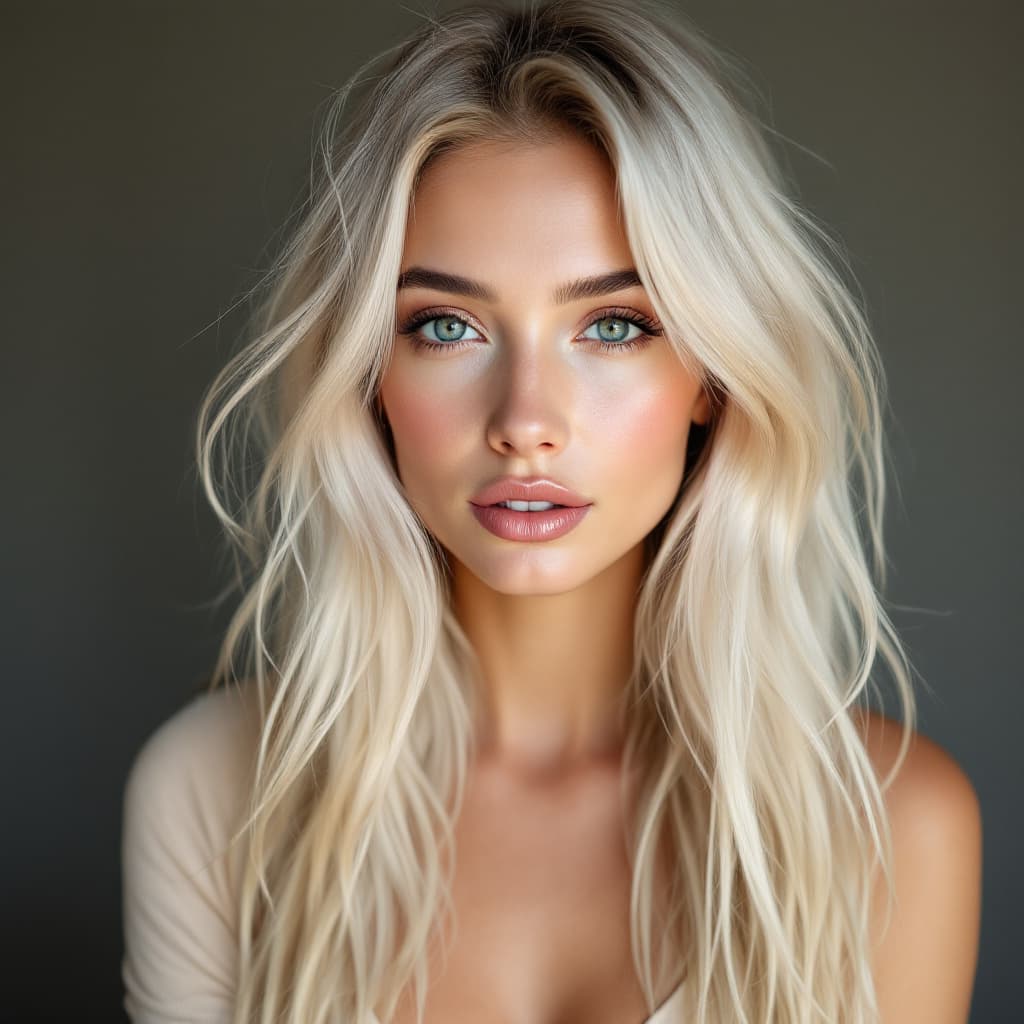 AI generated: A 28-year-old American woman with long, loose white-blonde hair, soft oval face, subtle blush, and g...