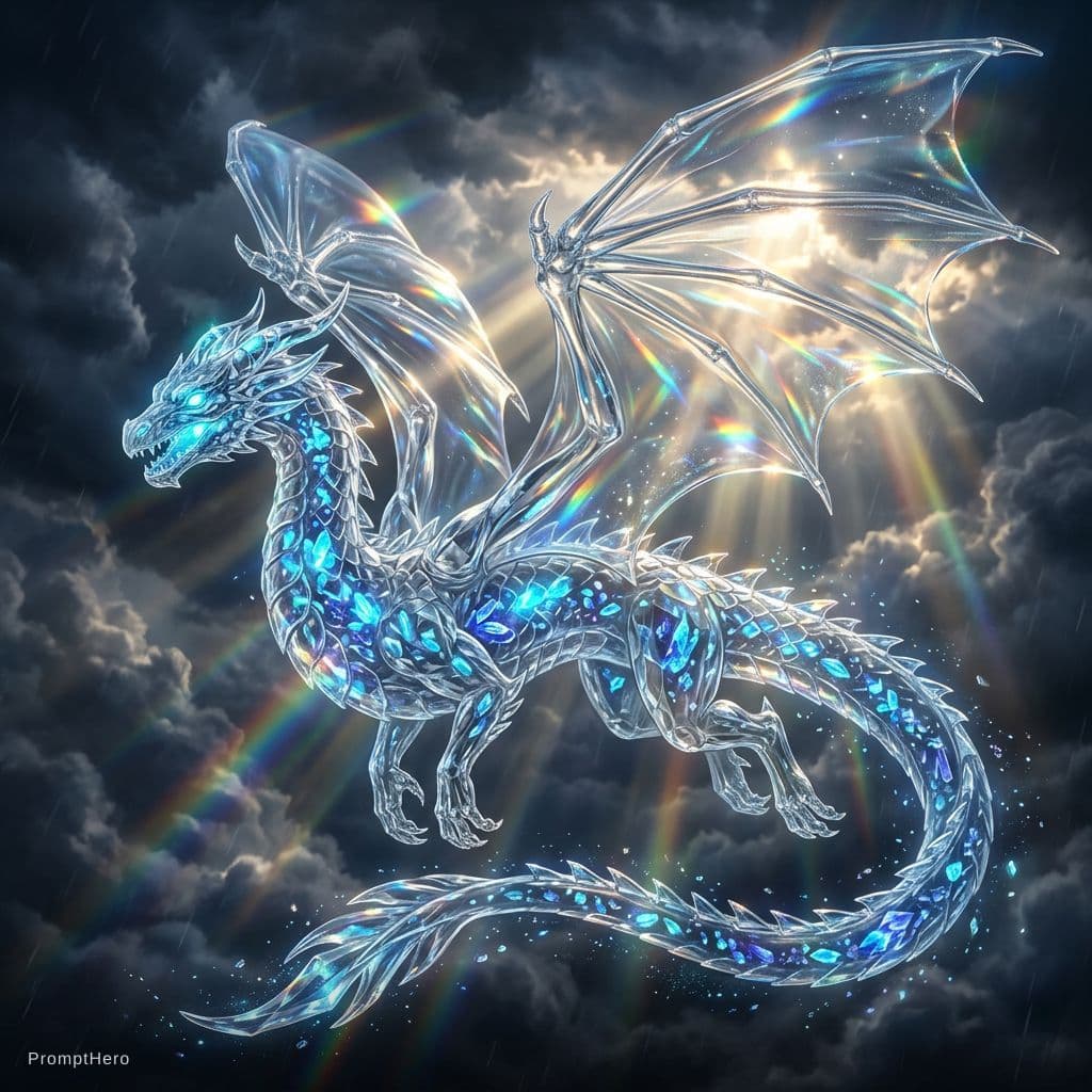 AI generated: masterpiece, best quality, ultra-detailed, majestic transparent crystal dragon, completely see-throu...