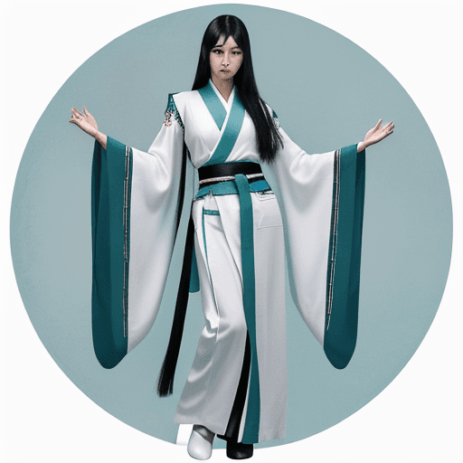 AI generated: young fair asian woman, tall and slender figure, long flowing black hair reaching down her back,  bi...