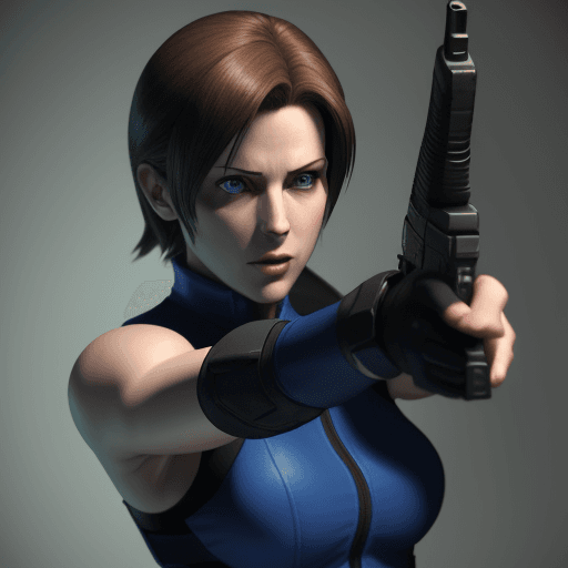 AI generated: Jill valentine from resident evil animated series pointing a gun make her as realistic as possible