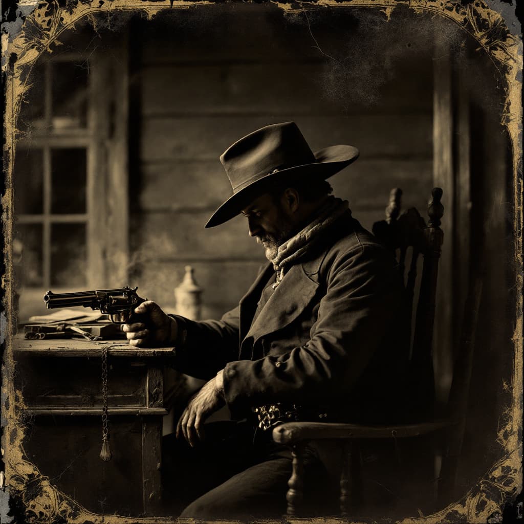 AI generated: western gunfighter, cowboy, saloon background, 1880's, hands render, tintype --ar 9:16 --v 4