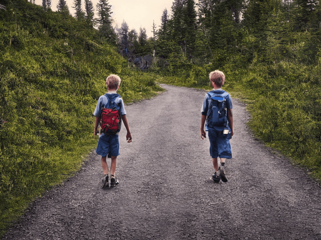 AI generated: A boy of about 12 years ago on an adventurous journey alone, walking up a mountain lonely road, UHD,...