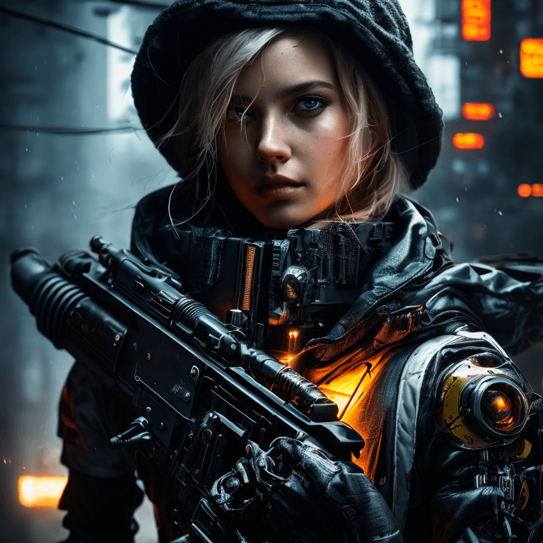 AI generated: mj, (close up:1.1) art a [robot | terminator | cyborg | futuristic soldier], holding a futuristic ri...