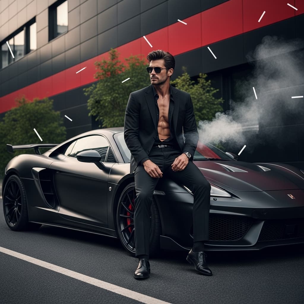 AI generated: ULTRA-REALISTIC PORTRAIT OF A MAN WEARING A BLACK OUTFIT, BLACK SUNGLASSES, SITTING OVER A GORGEOUS ...