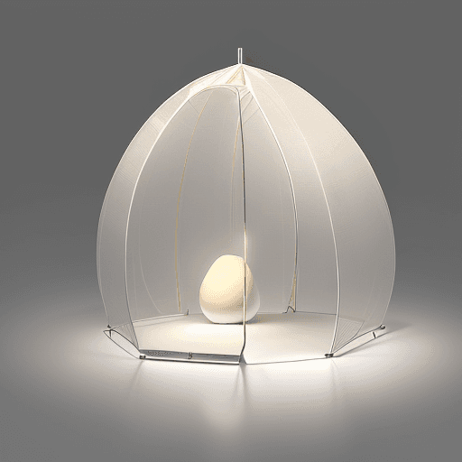 AI generated: "Behold a marvel of design—an egg-shaped tent structure that emanates a soft glow. Crafted from alum...