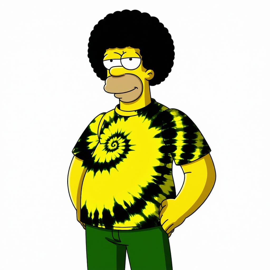 AI generated: Full body yellow skinned man with an afro wearing a tie die outfit as a Simpsons character on white ...
