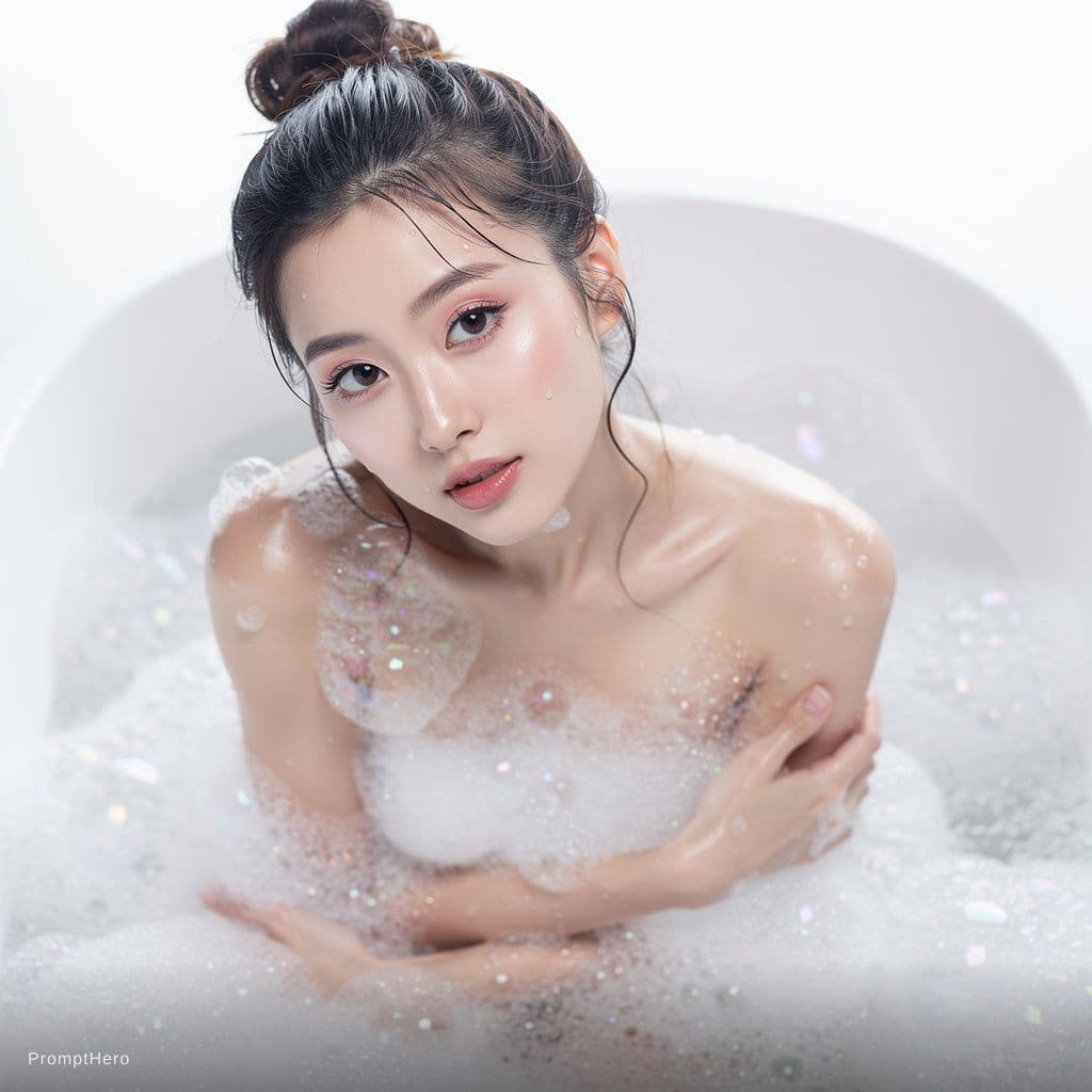 AI generated: A highly detailed, photorealistic, cinematic high-angle close-up of a beautiful young East Asian wom...