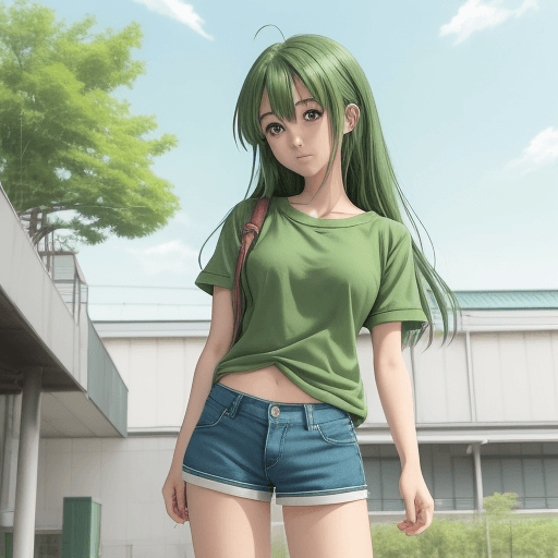 AI generated: anime girl in green shirt and blue shorts posing for picture, by Kose Kanaoka, anime visual of a cut...