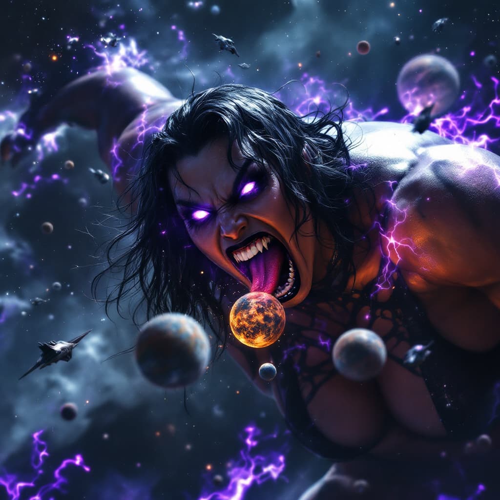 AI generated: enormous giantess Rhea Ripley  from WWE
bigger than a galaxy floating in space, minuscule planets in...