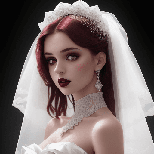 AI generated:   The image features a beautiful girl wearing a white wedding dress, maroon lipstick. The girl is po...