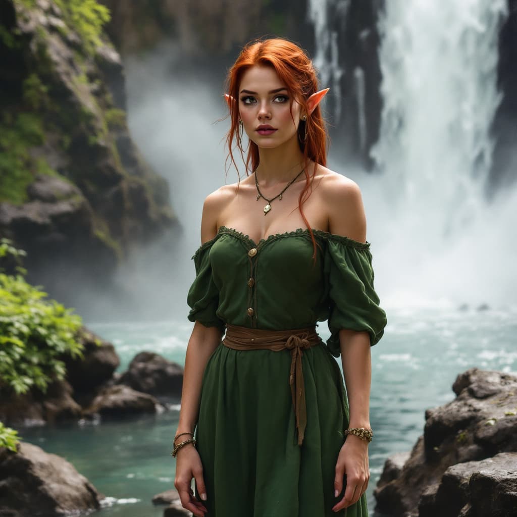 AI generated: Mature Female, short pointed ears, long red hair, green peasant style dress with bare shoulders,  st...