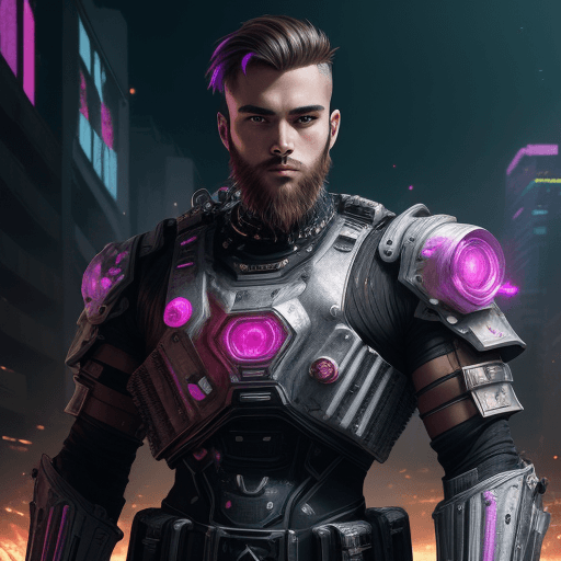 AI generated: young man, short beard, portrait, wearing tank armor, solo, cyberpunk, official art, unity 8k wallpa...