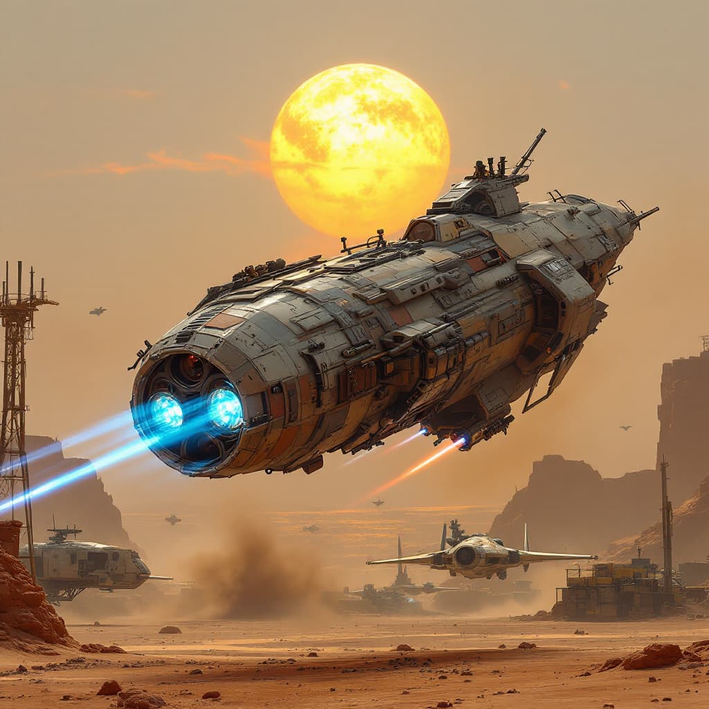 AI generated: "A hyper-detailed scene of a rugged, Star Wars-style spaceship . The spaceship is unique yet crafted...