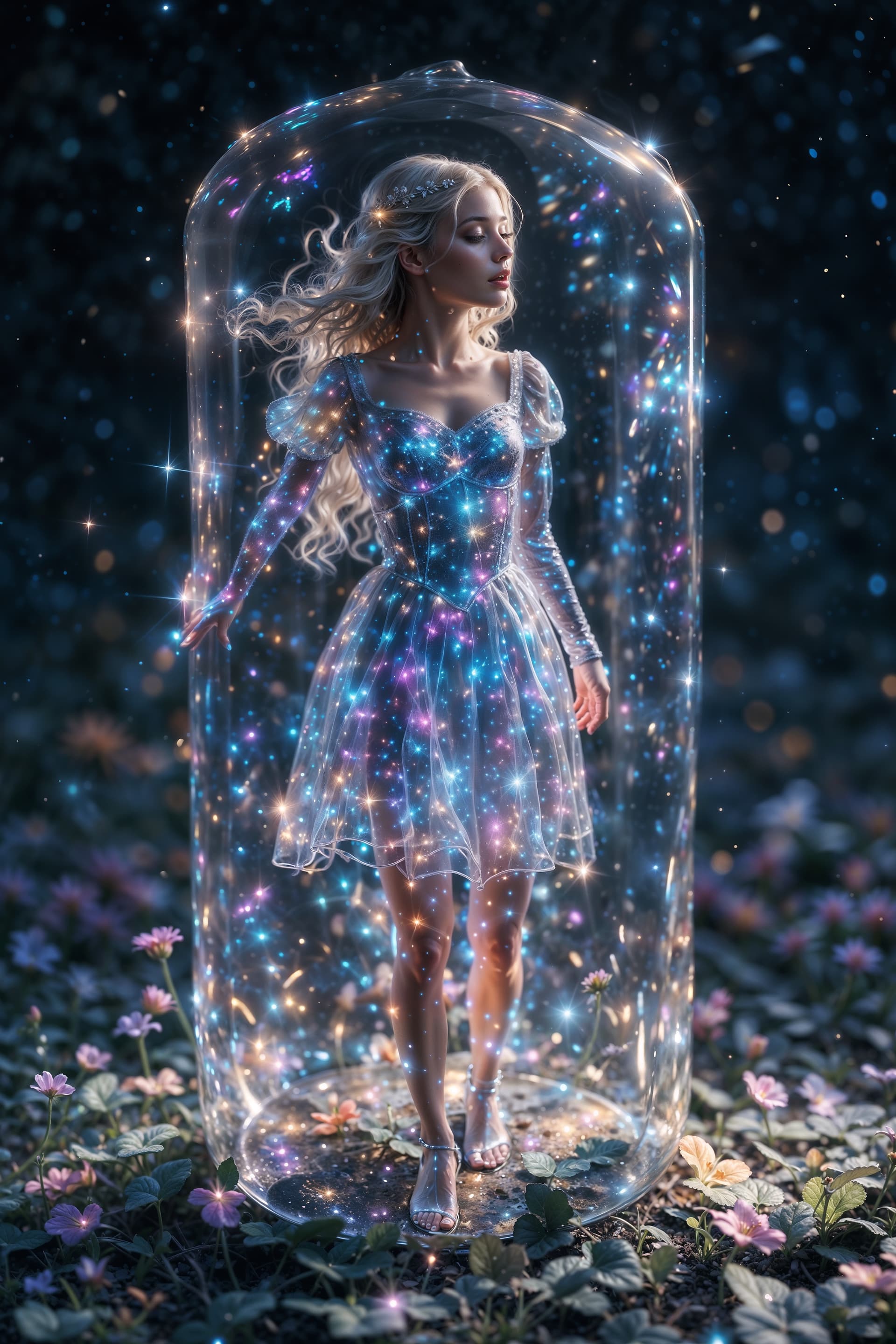 AI generated: A stunningly detailed full body ((double exposure)) of a ethereal princess made from (glass), with g...