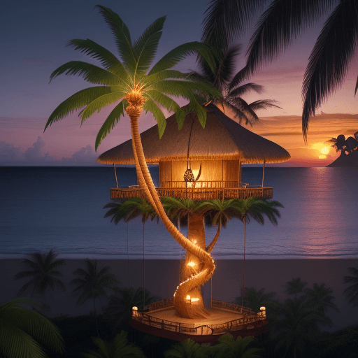 AI generated: a hyper-realistic palm treehouse on top of a palm tree, lanterns, Hawaiian flowers, beach, sunset, h...