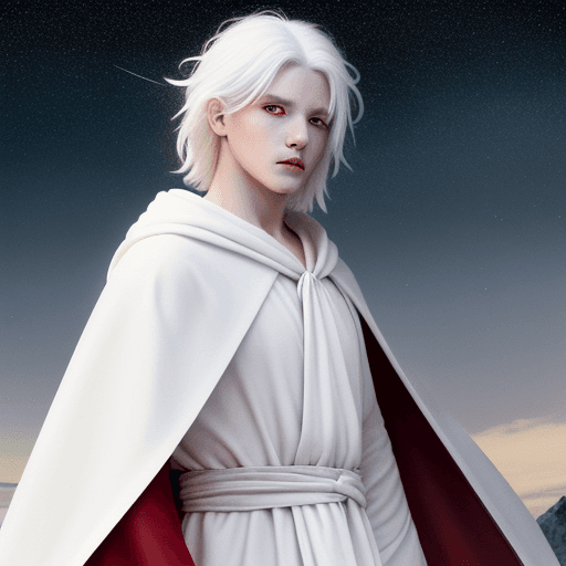 AI generated: High resolution photo 1920x1080, a boy in a traveler's cloak, red eyes, white hair, white clothes wi...