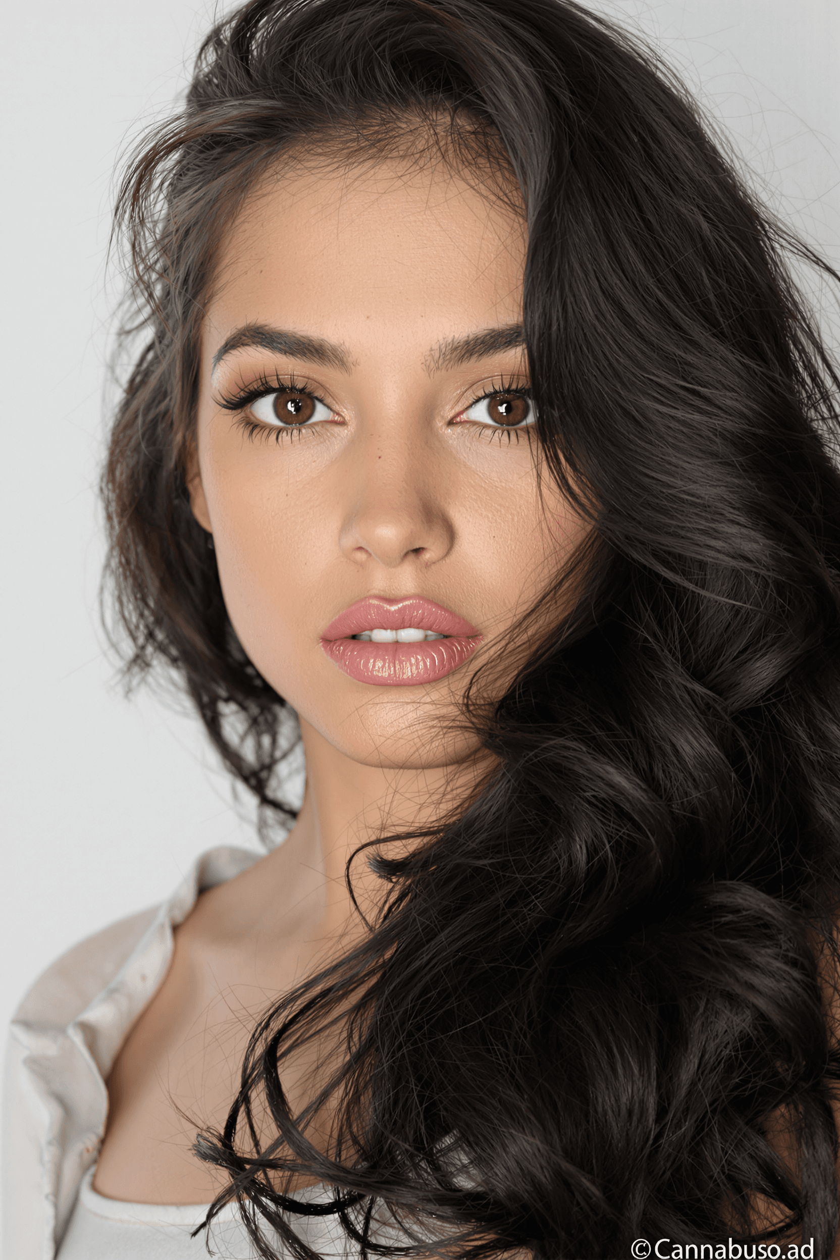 AI generated: high quality portrait photo of {Caucasian woman with long, wavy black hair, tossed to the side, deli...