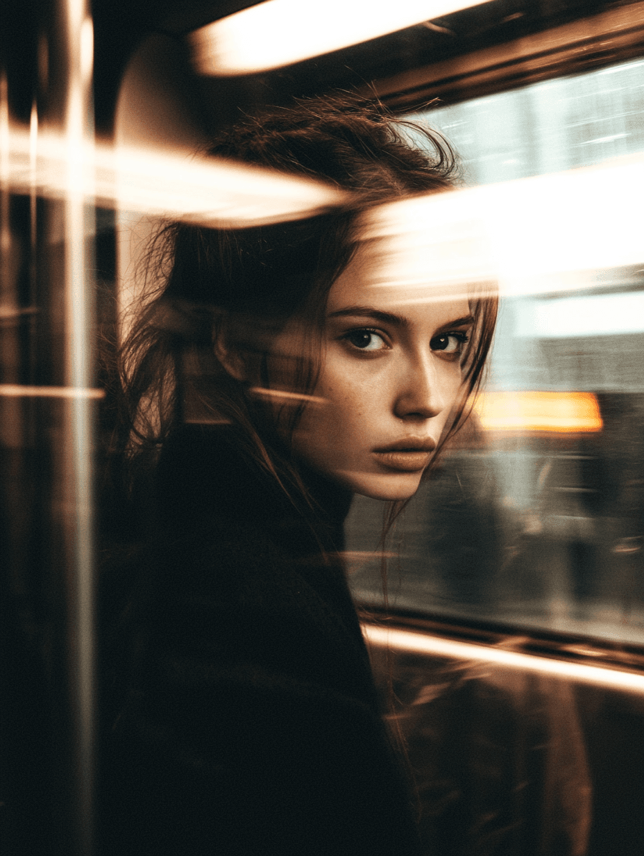 AI generated: A blurry photograph of an attractive woman standing on the subway, her reflection visible in the tra...