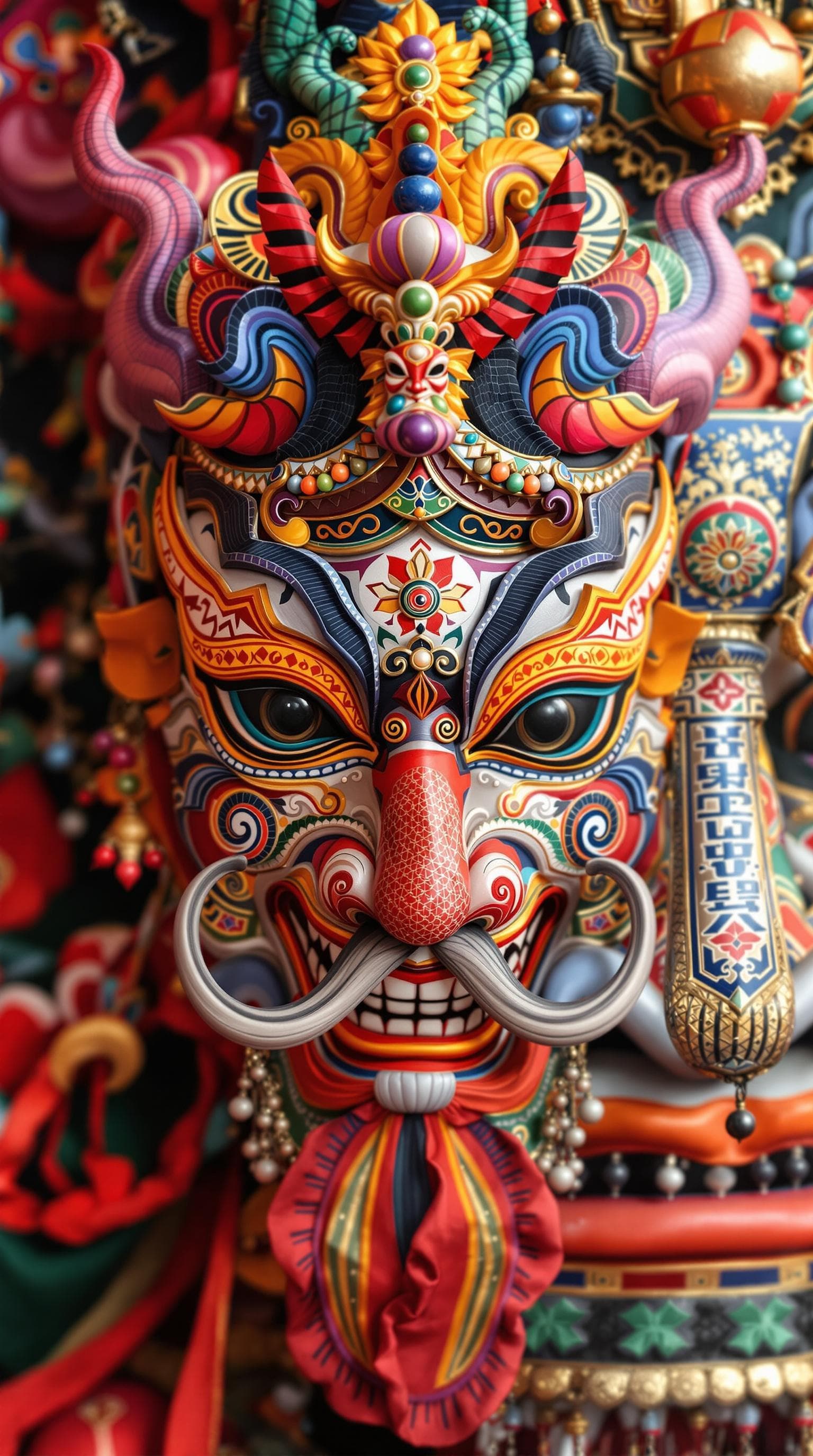 AI generated: Japanese Mask,colorful chinese decorative patterns,thwy style