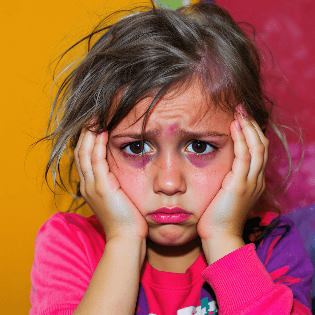 AI generated: Close-up photo of a worried girl, with messy hair, hands on forehead, looking far, vibrant colors, d...