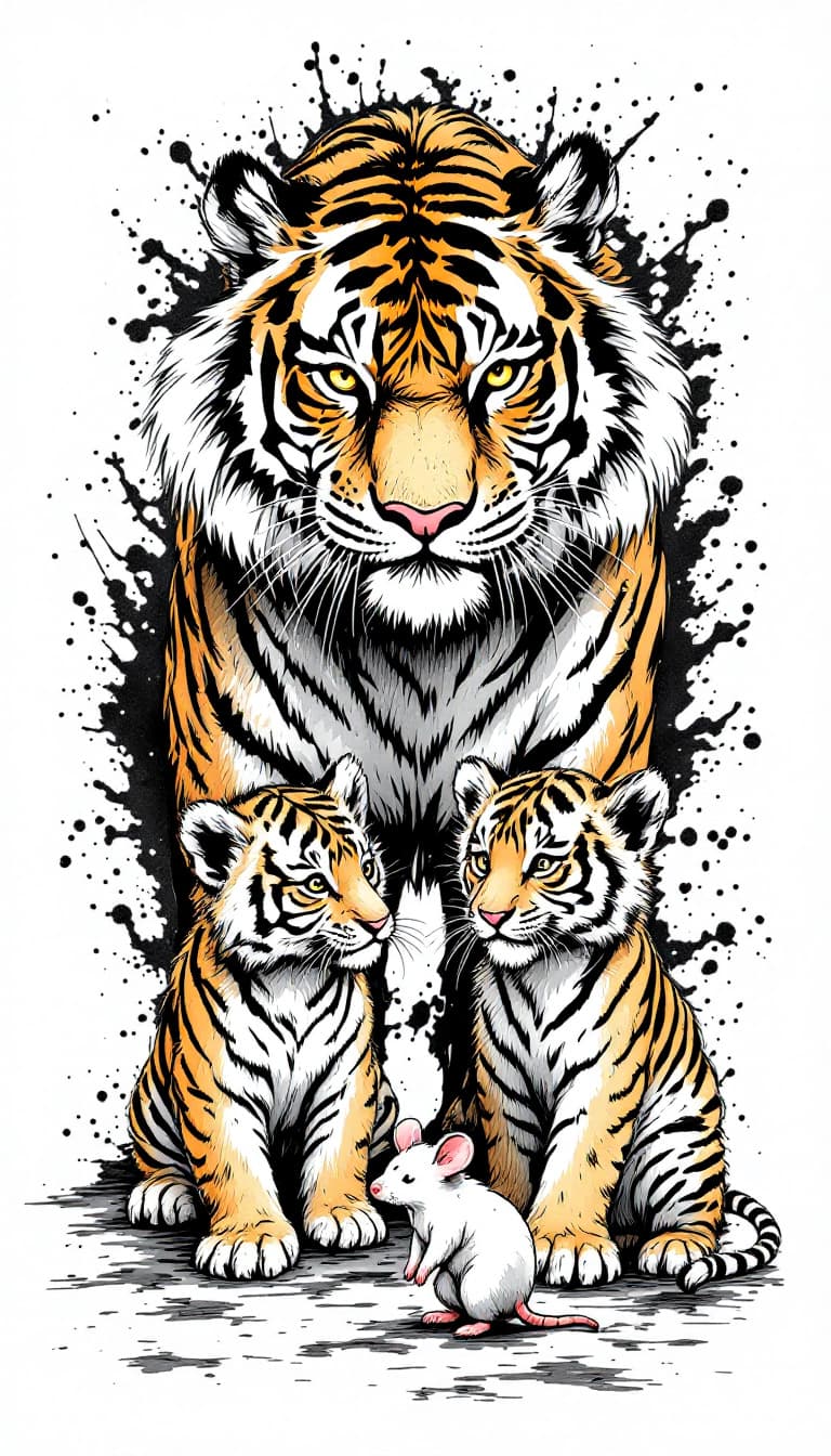 AI generated: a tiger and two tiger cubs, and a oversized mouse,ferocious, detailed,full-body shots,ink style,Ink ...