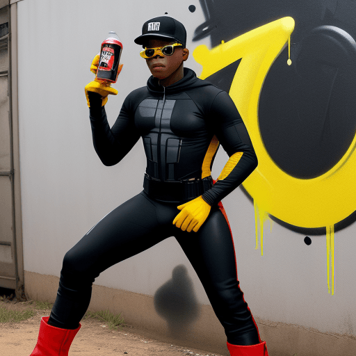 AI generated: JOHN BOYEGA IN A black SPANDEX SUIT, WITH YELLOW GLOVES AND BOOTS , SUNGLASSES AND RED BACKWARDS CAP...