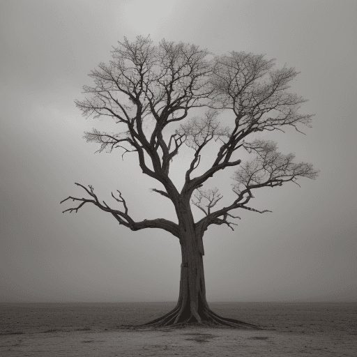AI generated: dry, leafless tree full of years of history in the middle of a gloomy and deserted landscape