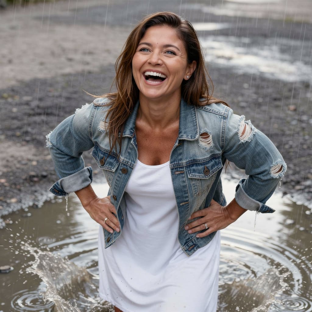 AI generated: A fit 40-year-old woman with long brunette hair and bright blue eyes is laughing and smiling while w...