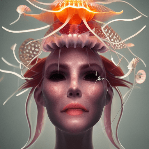AI generated: Goddess close-up portrait ribcagel. jellyfish phoenix head, nautilus, orchid, skull, betta fish, bio...