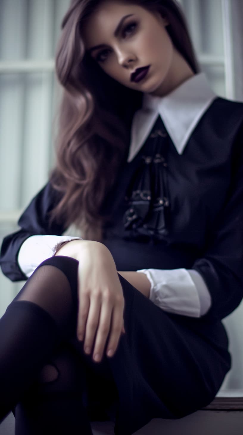AI generated: Black stockings and skirt, close-up, real life, lady model sitting, professional photo shoot, --ar 9...