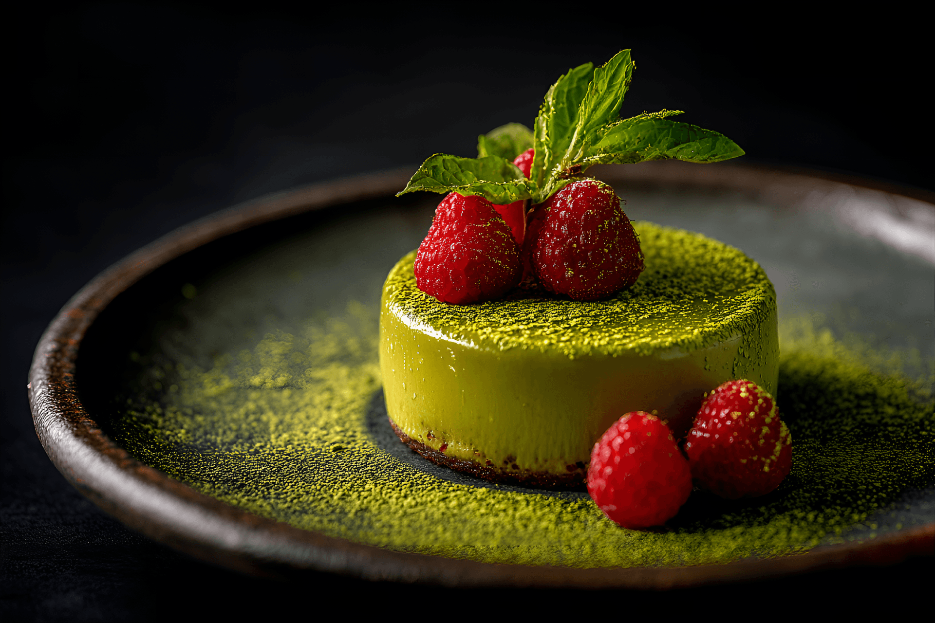 AI generated: high-resolution top-down capture of a luxurious matcha-infused cheesecake on a minimalist slate plat...