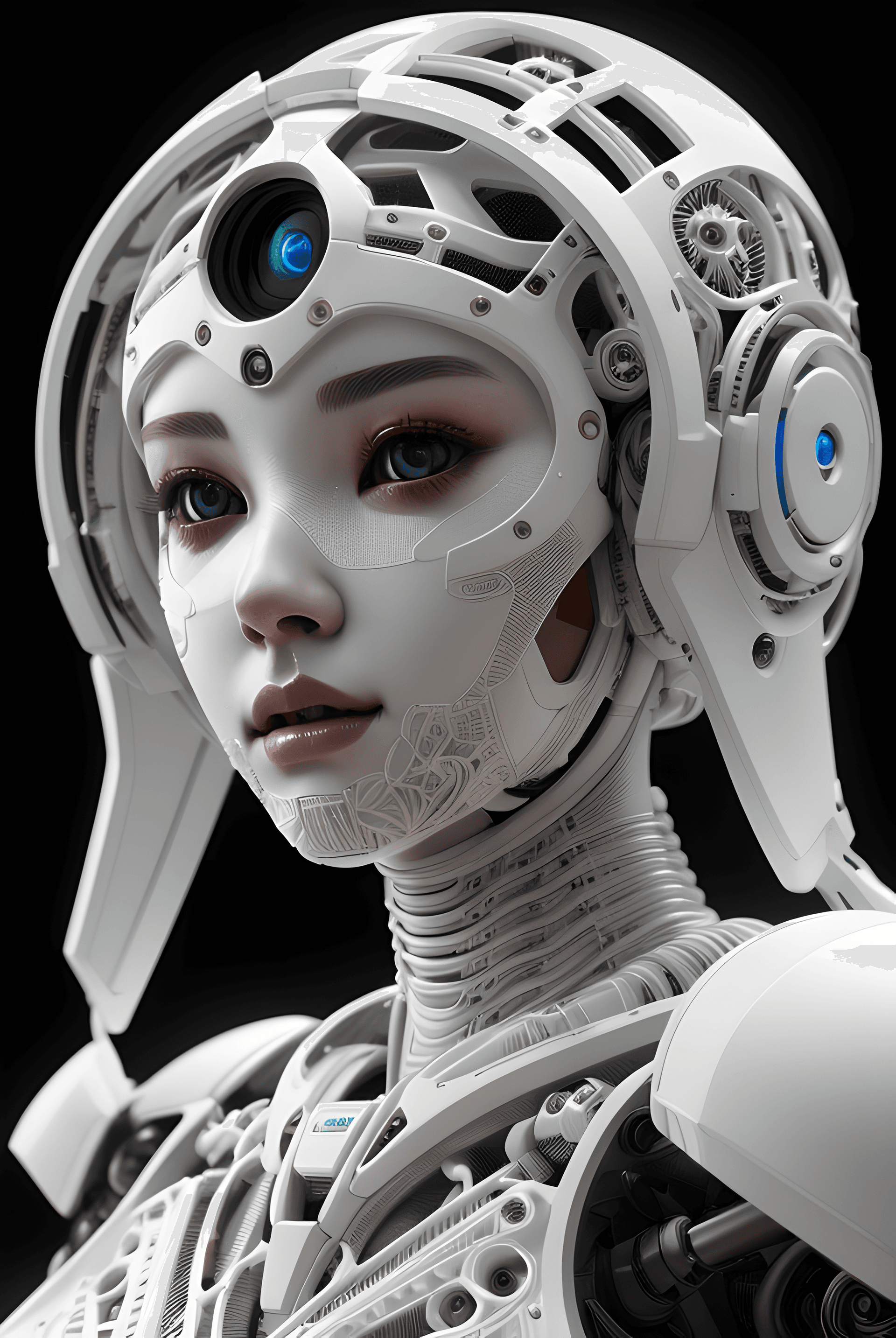 AI generated: humanoid female robot, beautiful, seductive, white, (intricate details:1.23), photorealistic, (infin...