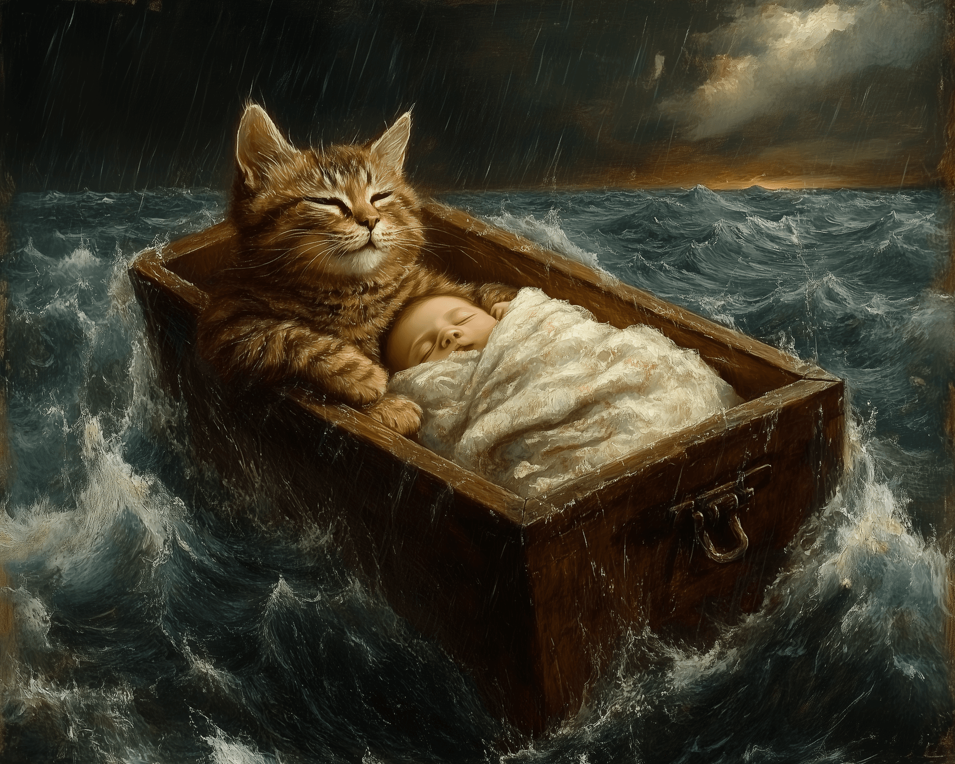 AI generated: A large brown tabby cat sits on top of an open coffin floating in the middle of a stormy sea. Inside...