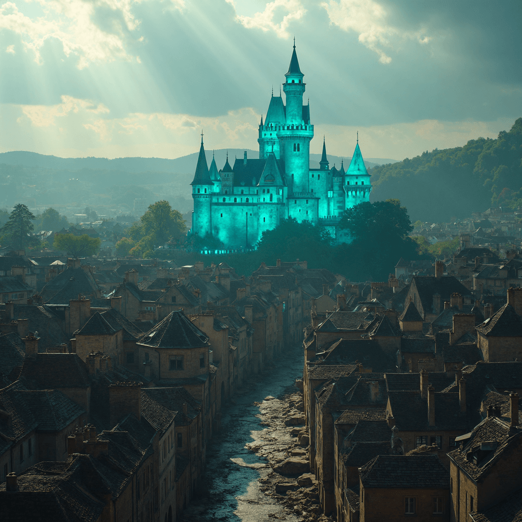 AI generated: The medieval city unfolds beneath the bird's-eye view, streets and rooftops stretching out in quiet,...