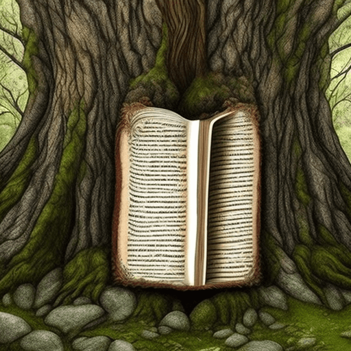 AI generated: FOTODE UN LIBRO DE FANTASIA Y MAGIA,  QUE ESTA UBICADO EN UN BOSQUE NORMAL,QUE SEA UNA ENTRADA EL LI...