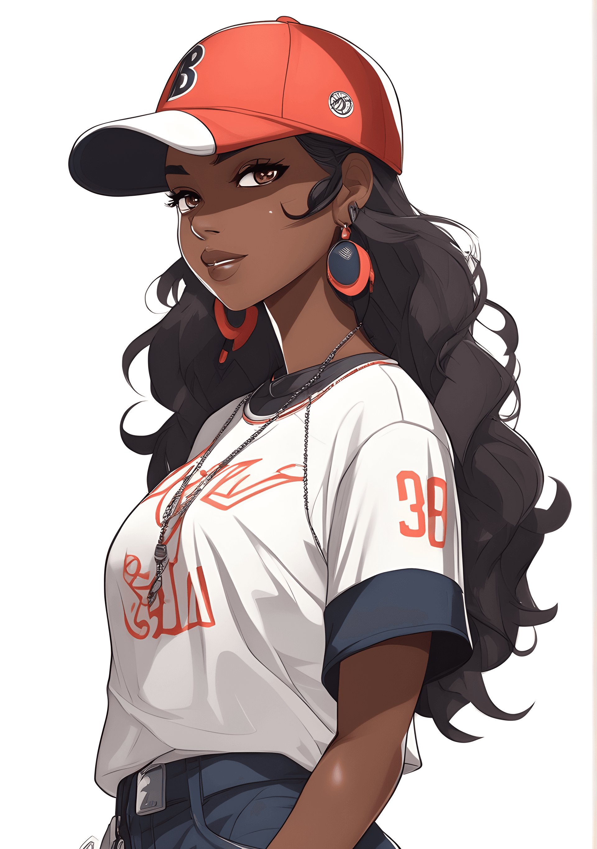 AI generated: 1girl, solo, dark skin, dark-skinned female, upper body, baseball cap, t-shirt, tomboy