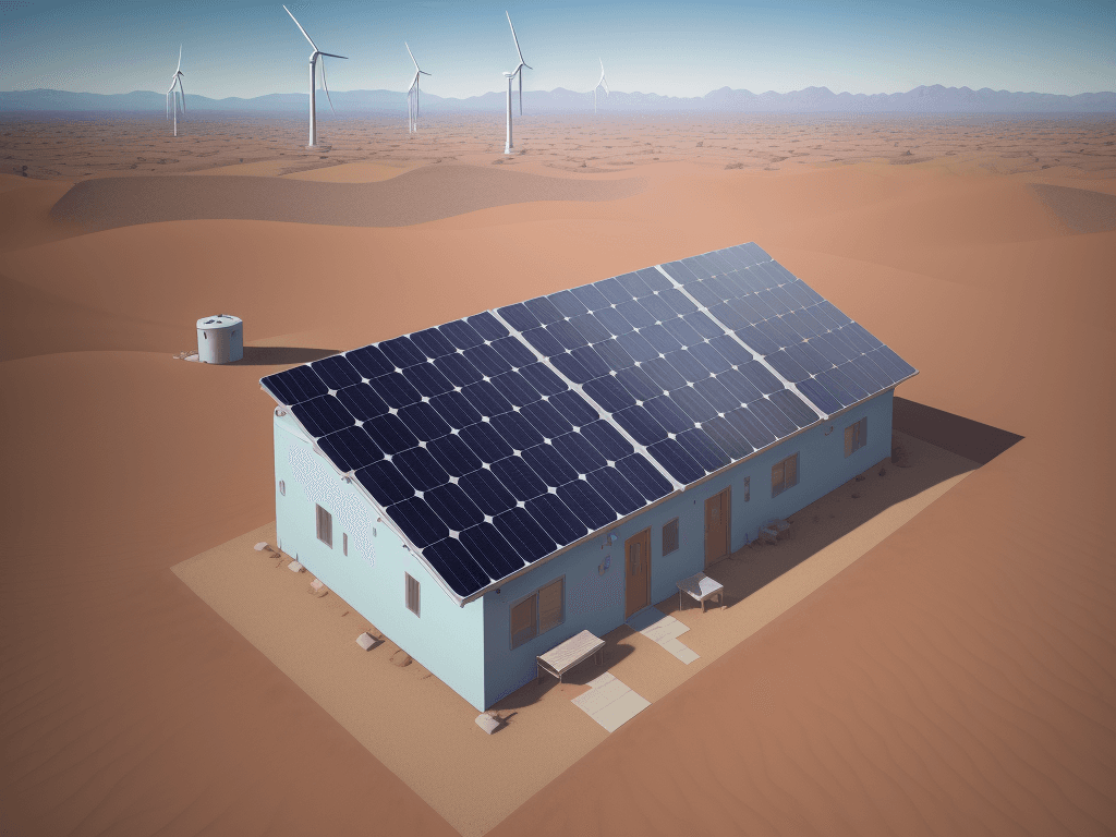 AI generated: High-resolution photo, solar panels, PV panels, panel arrays, desert, wind turbines, small house, re...